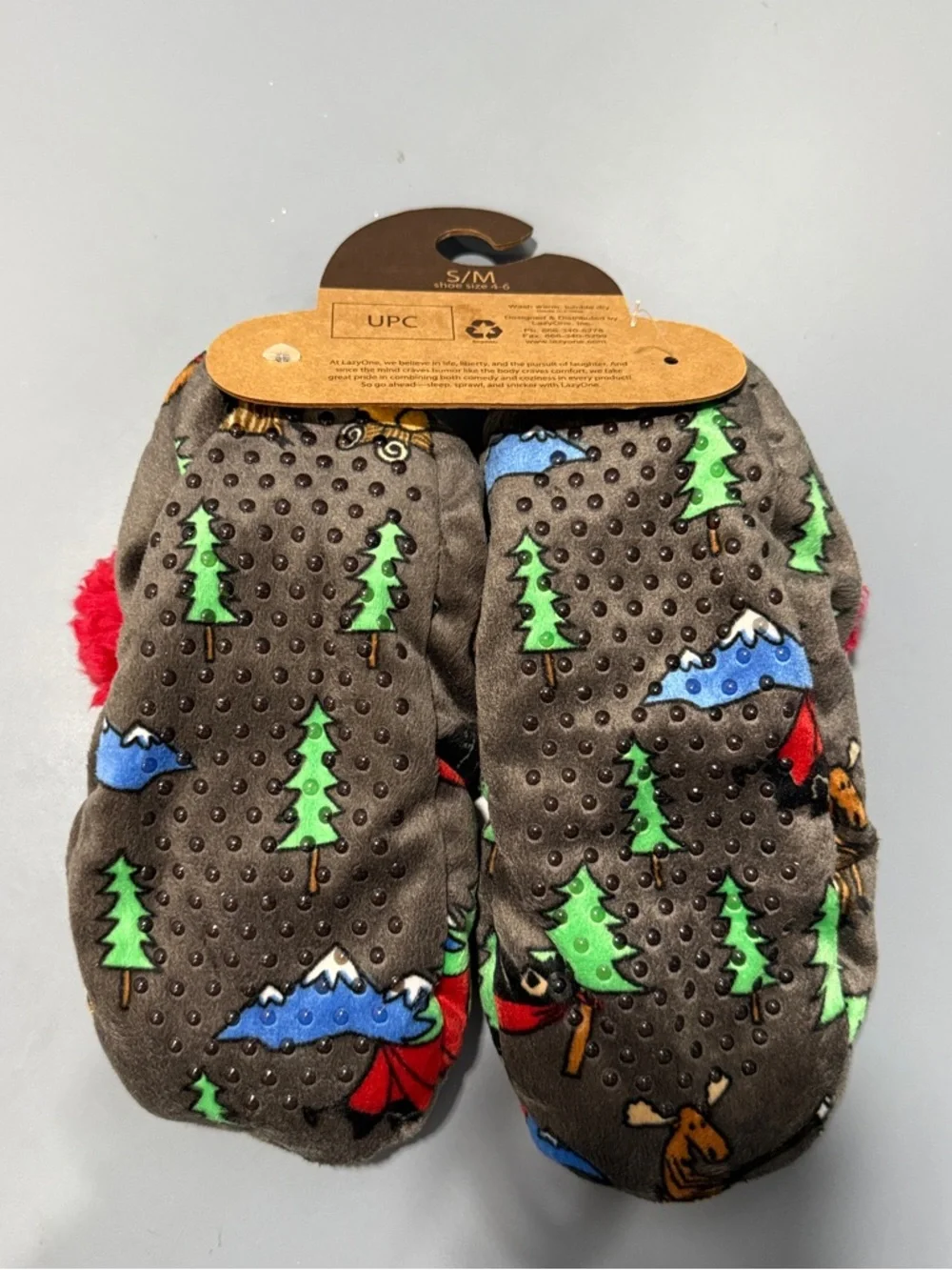 Lazy One Kids Fuzzy Slippers with Red Cuffs and Forest Print